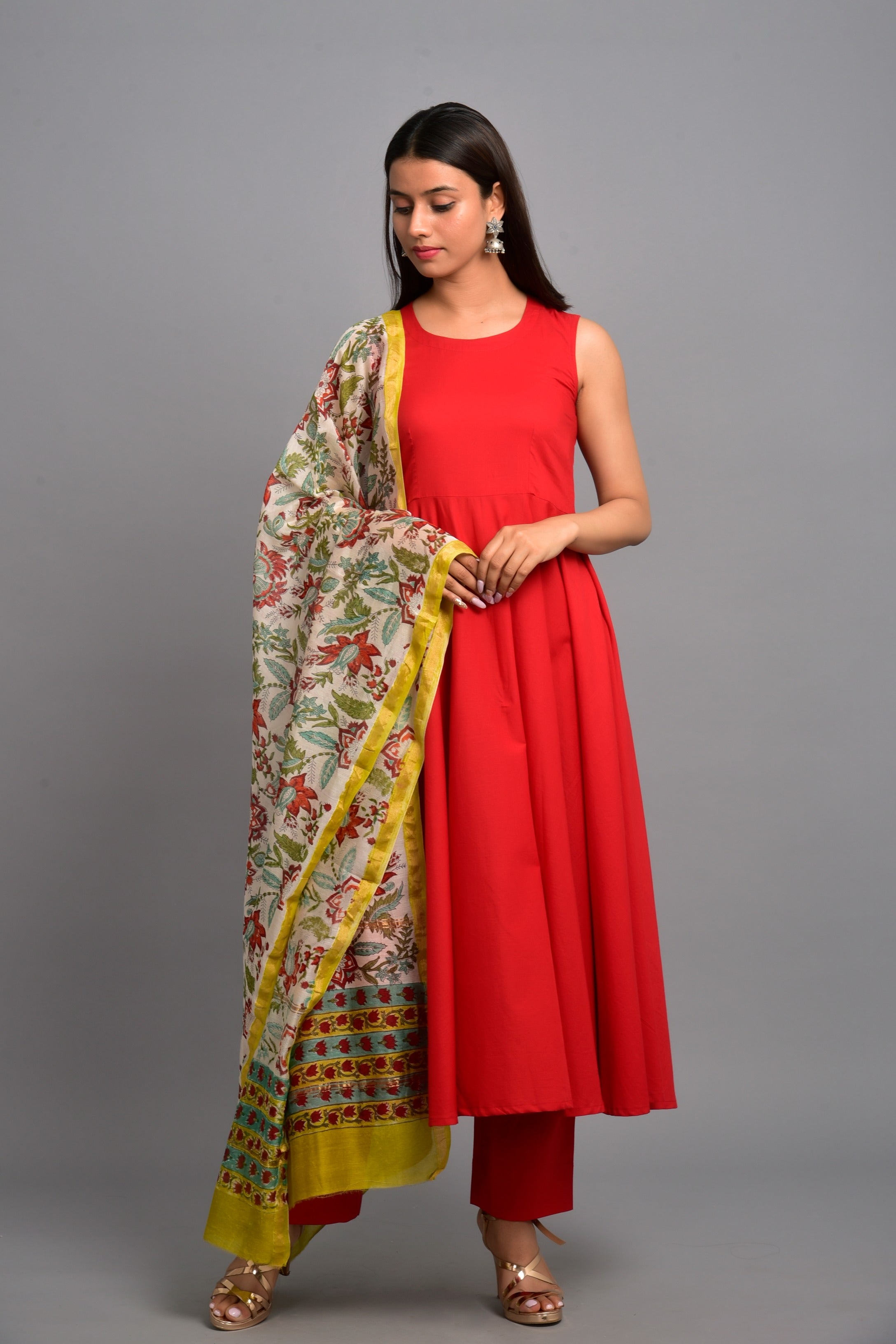 Women's Red Anarkali suit set with pants & dupatta by Kiswah- (3pcs set)