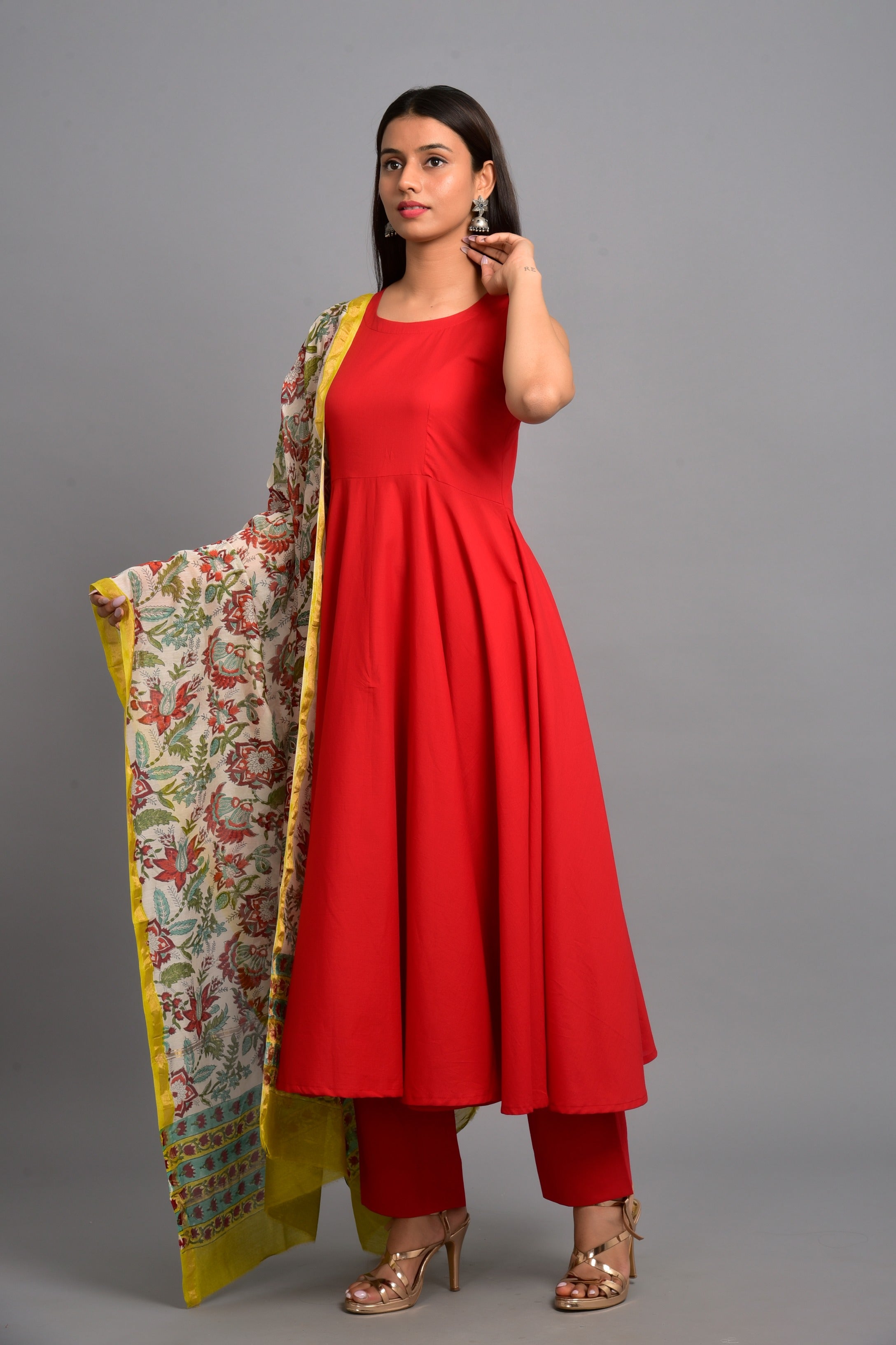 Women's Red Anarkali suit set with pants & dupatta by Kiswah- (3pcs set)