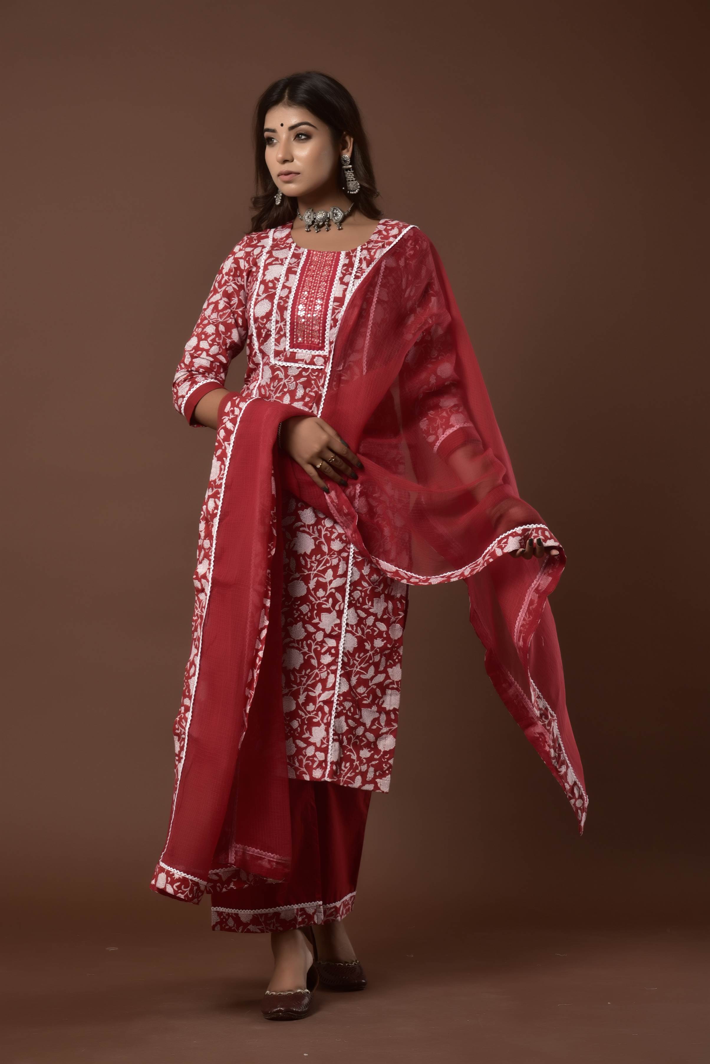 Women's Red floral suit set - Kiswah