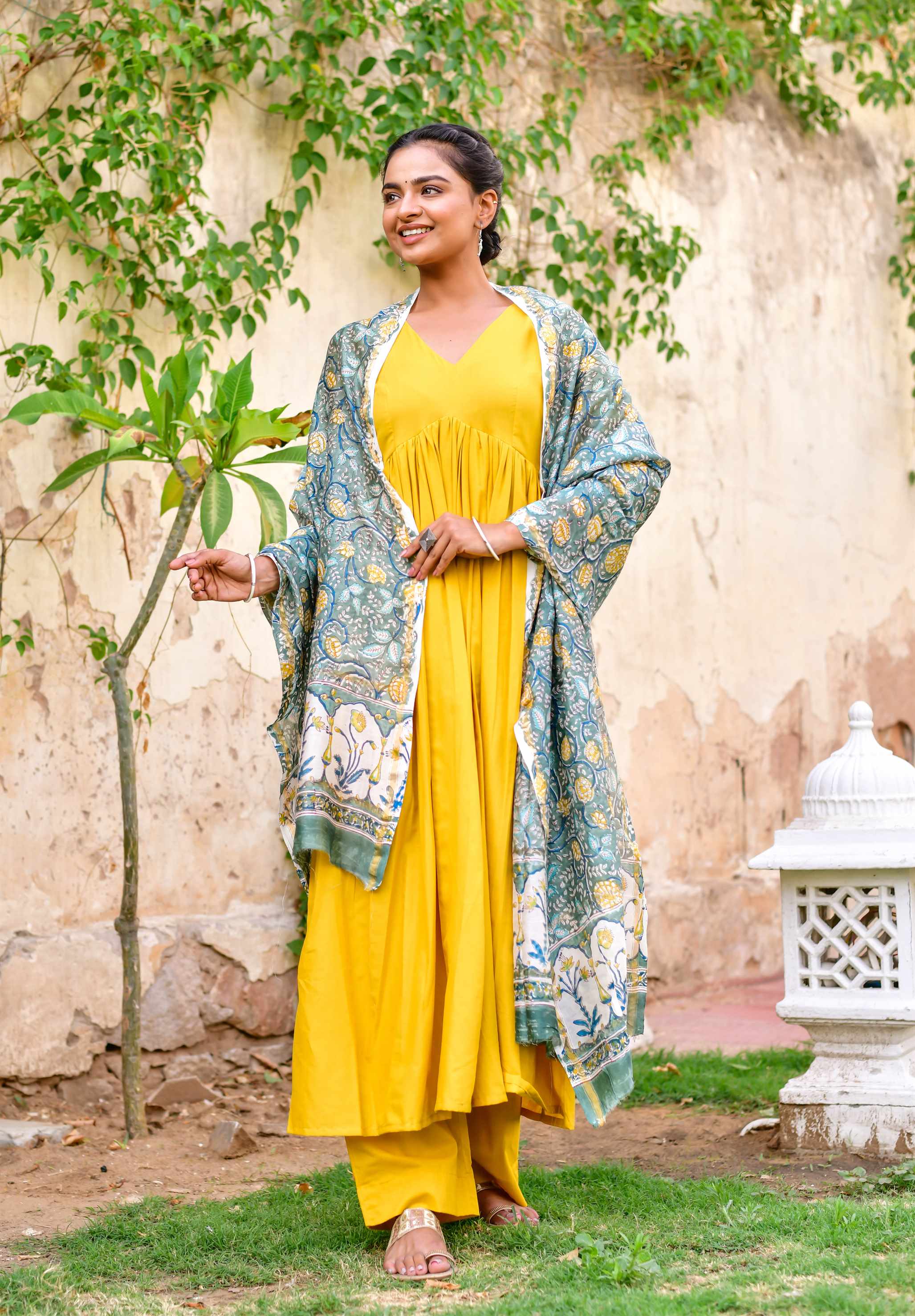 Women Mustard Yellow Cotton Anarkali Kurta with Pants & Dupatta by Kiswah (3pcs Set)