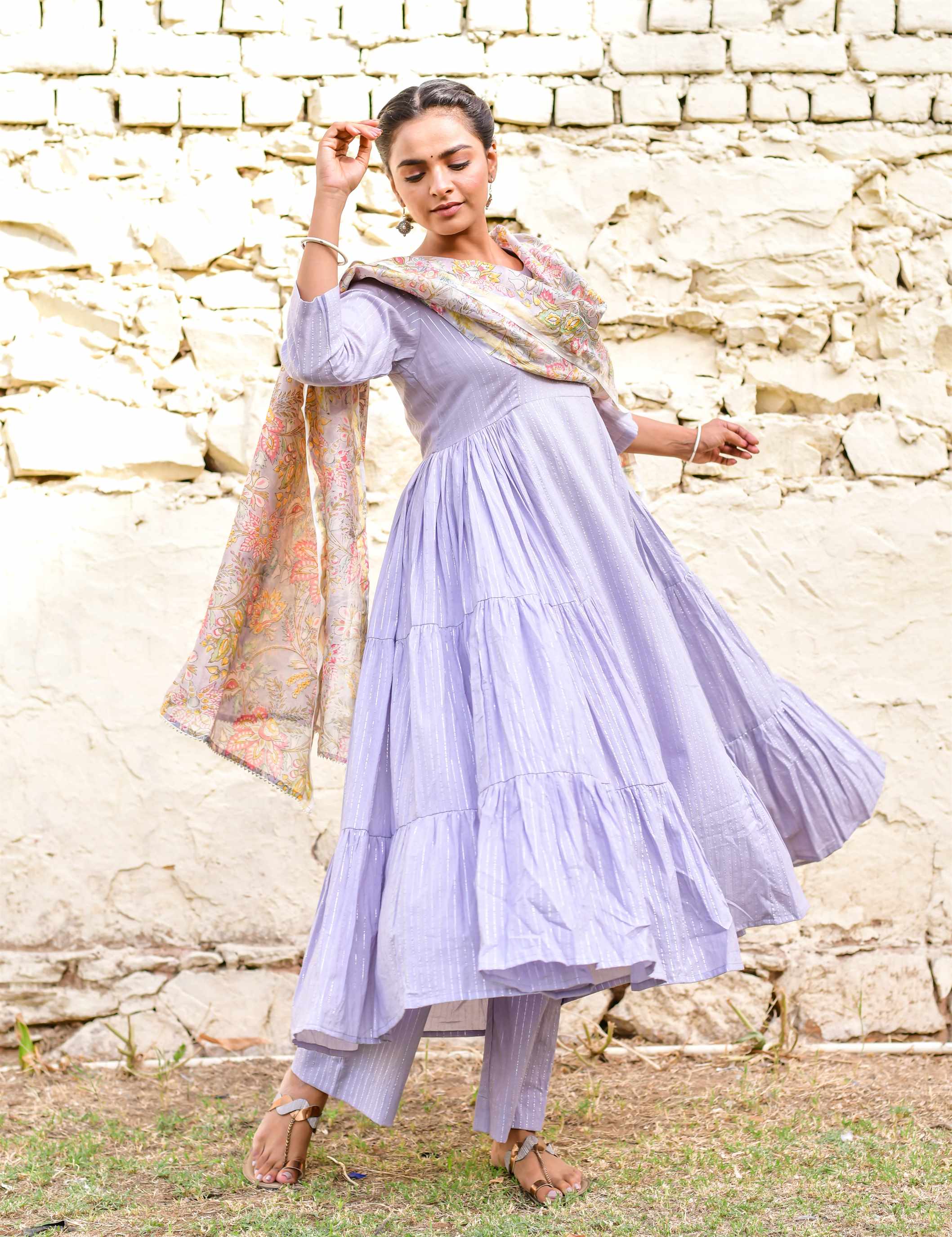 Women's Lilac Cotton Lurex Anarkali   - Kiswah