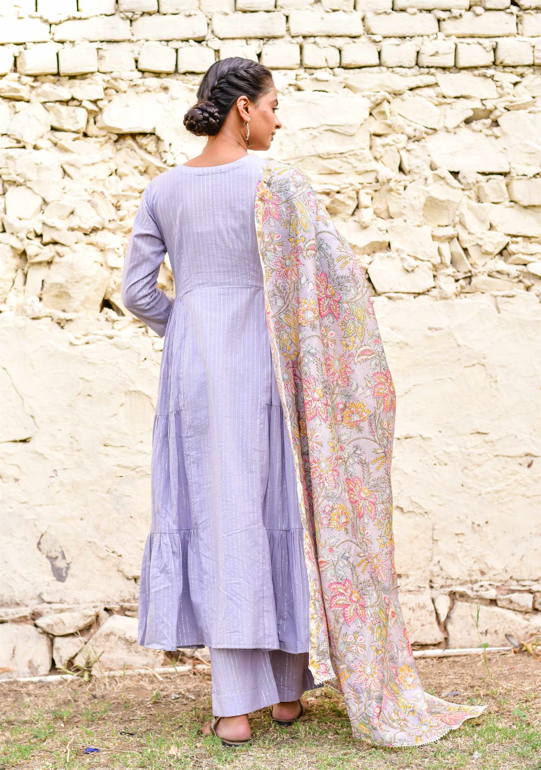 Women's Lilac Cotton Lurex Anarkali   - Kiswah