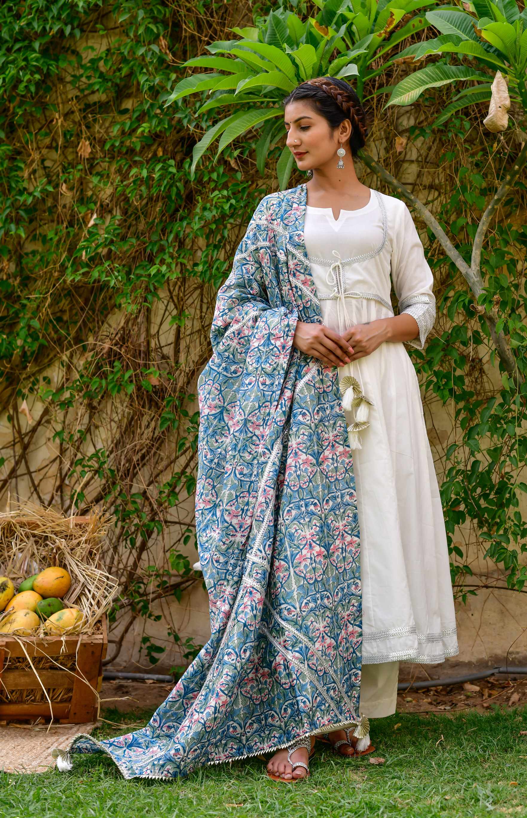Women White Cotton Anarkali Kurta with Pant & Dupatta by Kiswah (3pcs Set)