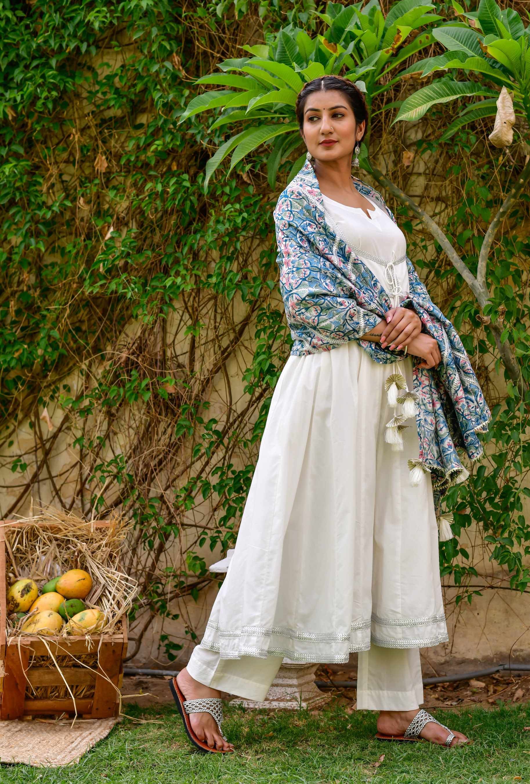 Women White Cotton Anarkali Kurta with Pant & Dupatta by Kiswah (3pcs Set)