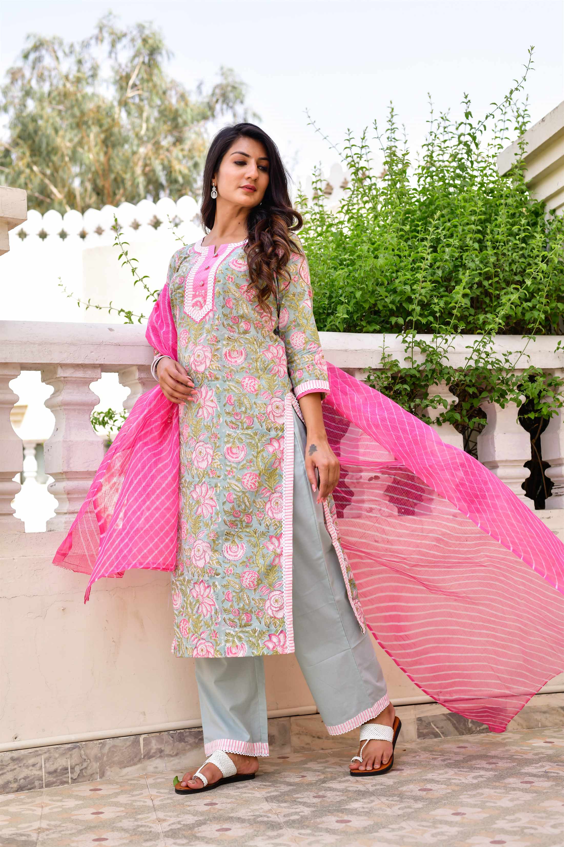 Women's Green and Pink Leher Suit Set  - Kiswah