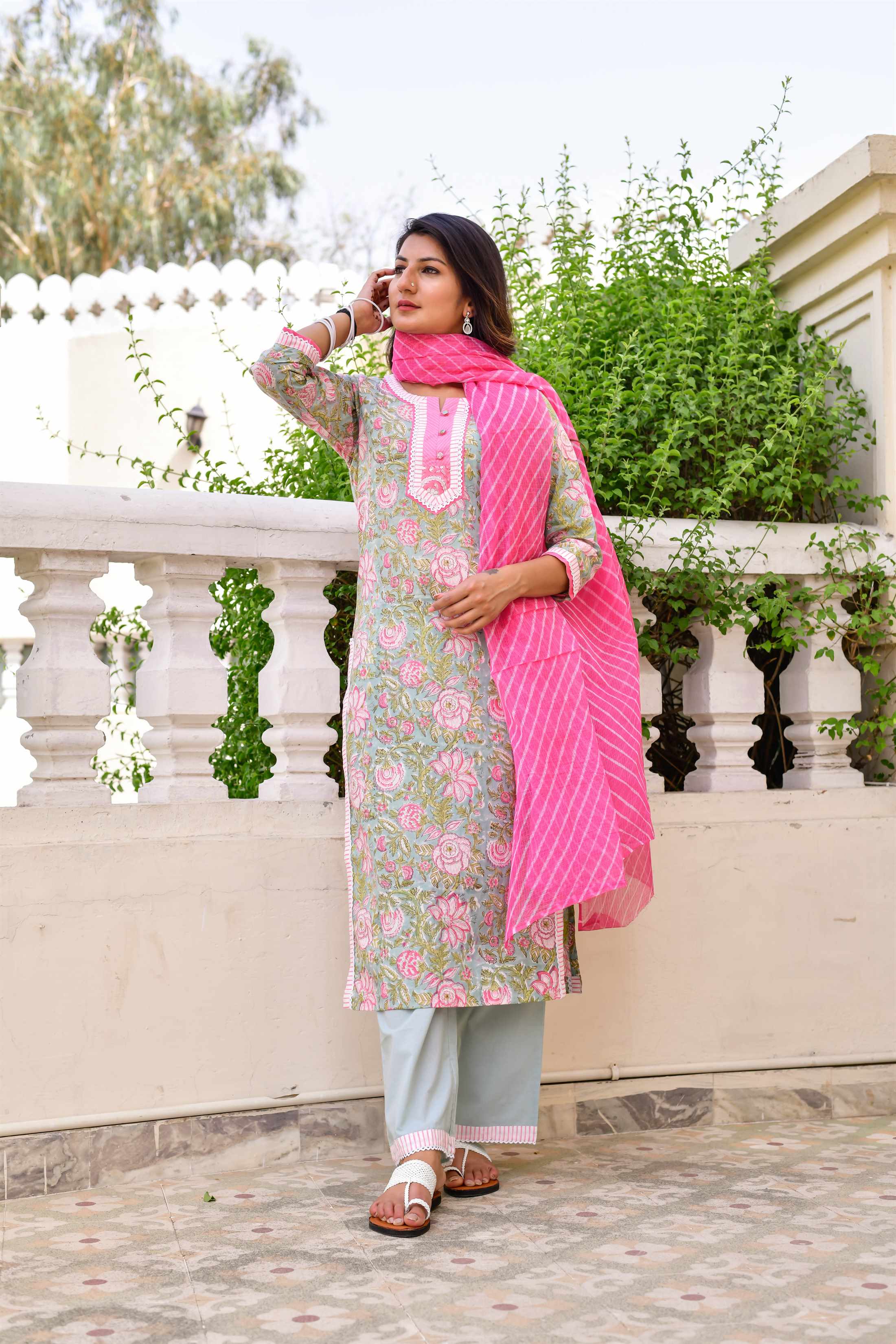Women's Green and Pink Leher Suit Set  - Kiswah