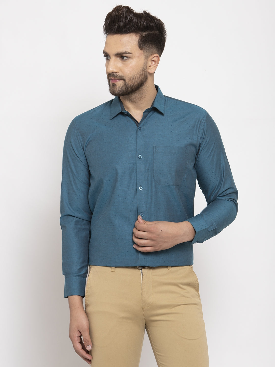 Men's Blue Cotton Polka Dots Formal Shirt's ( SF 761Peacock ) - Jainish