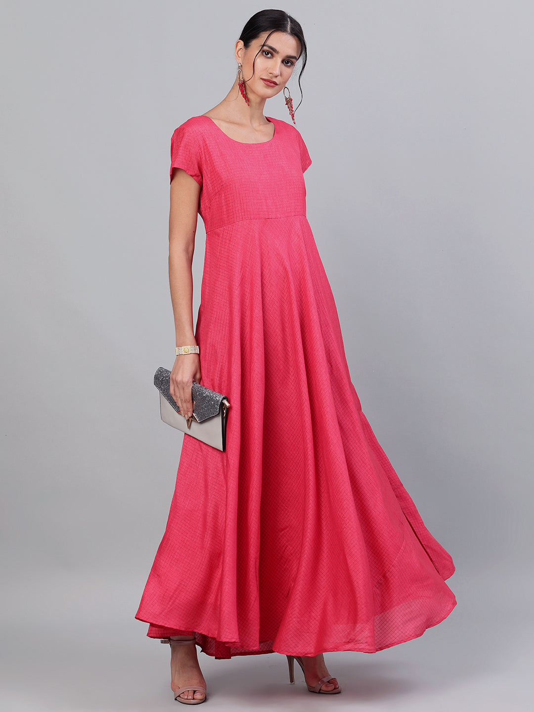 Women's Pink Flared Maxi Dress - Aks