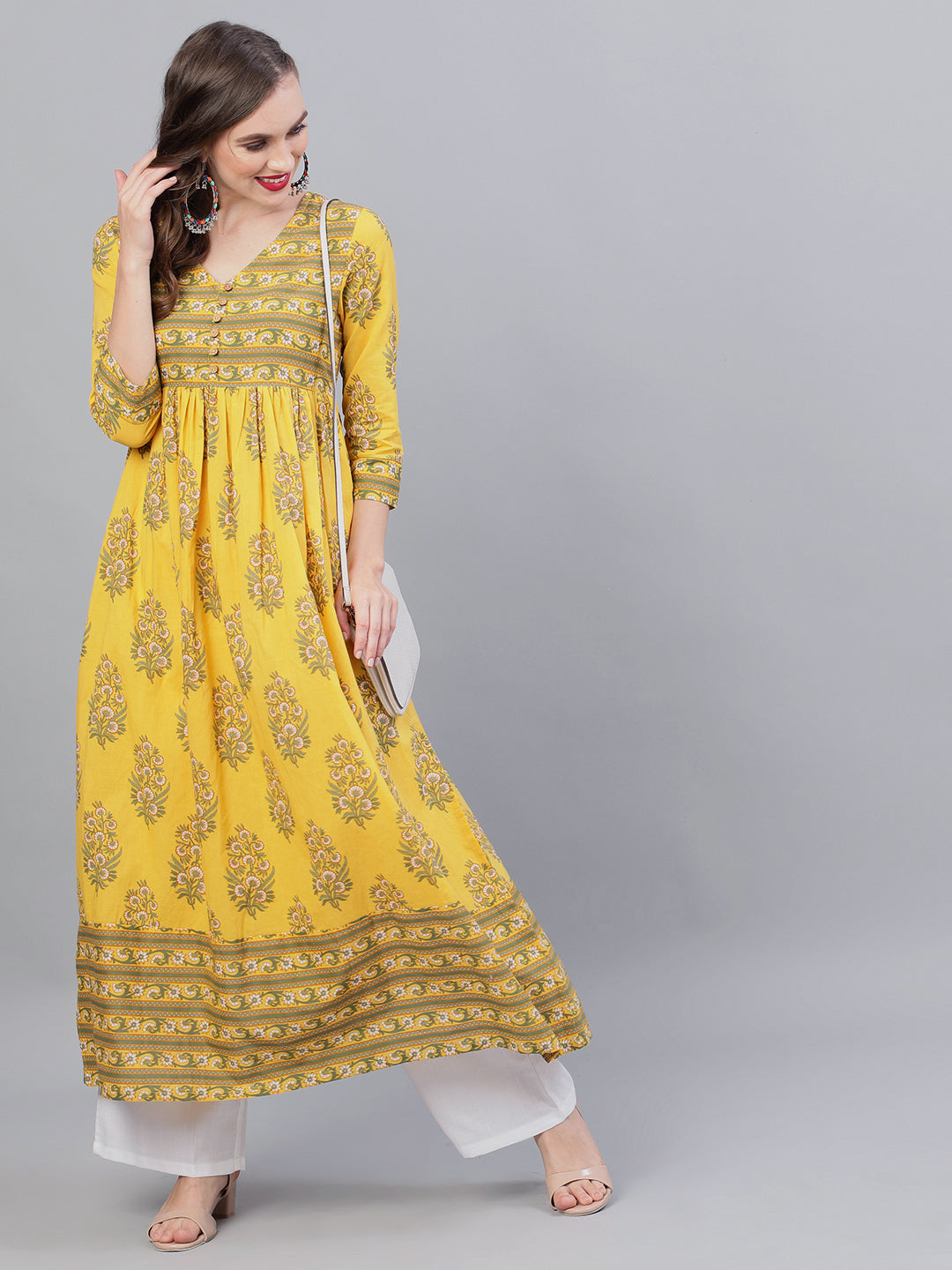 Women's Yellow Floral Print Anarkali - Aks