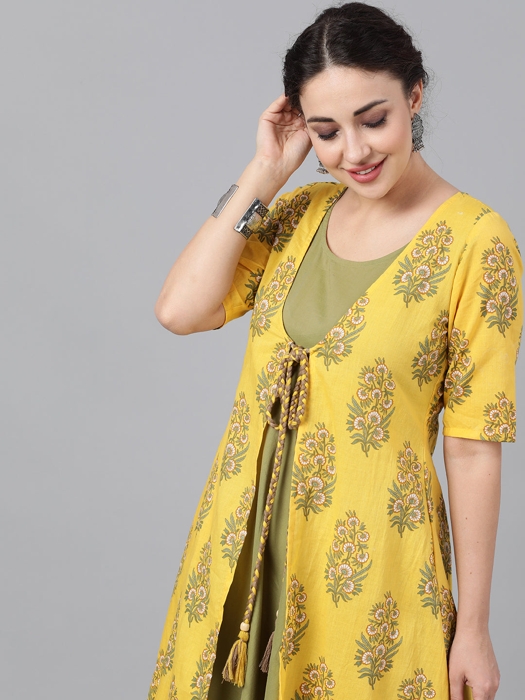 Women's Yellow Floral Print Maxi Dress - Aks