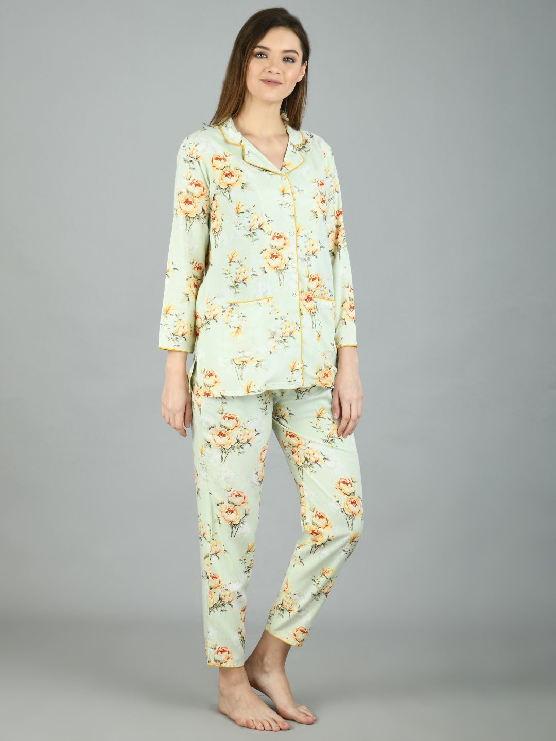 Women's Light Green Cotton Printed Full Sleeve Shirt Collar Casual Shirt Pyjama Set - Myshka
