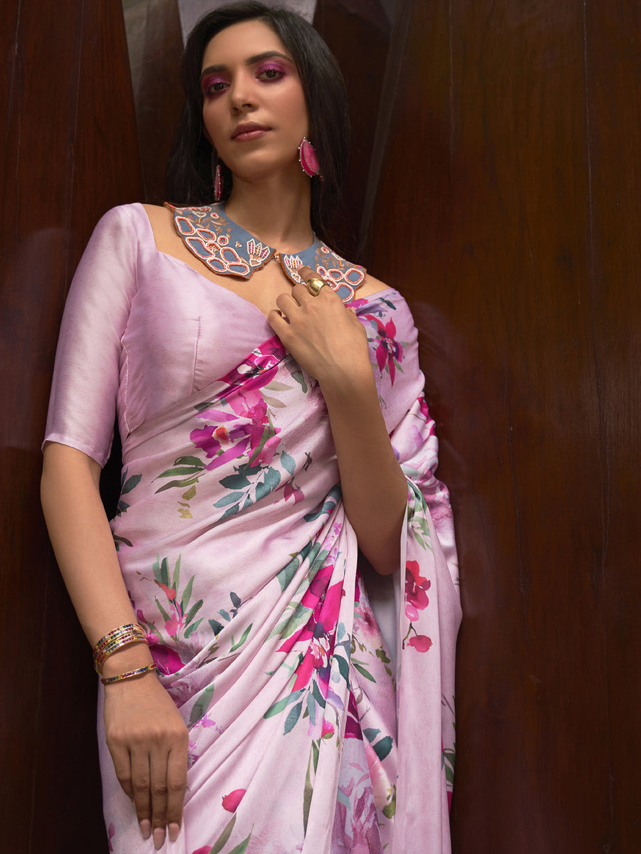 Women's Satin Silk Pink Embellished Designer Saree With Blouse Piece