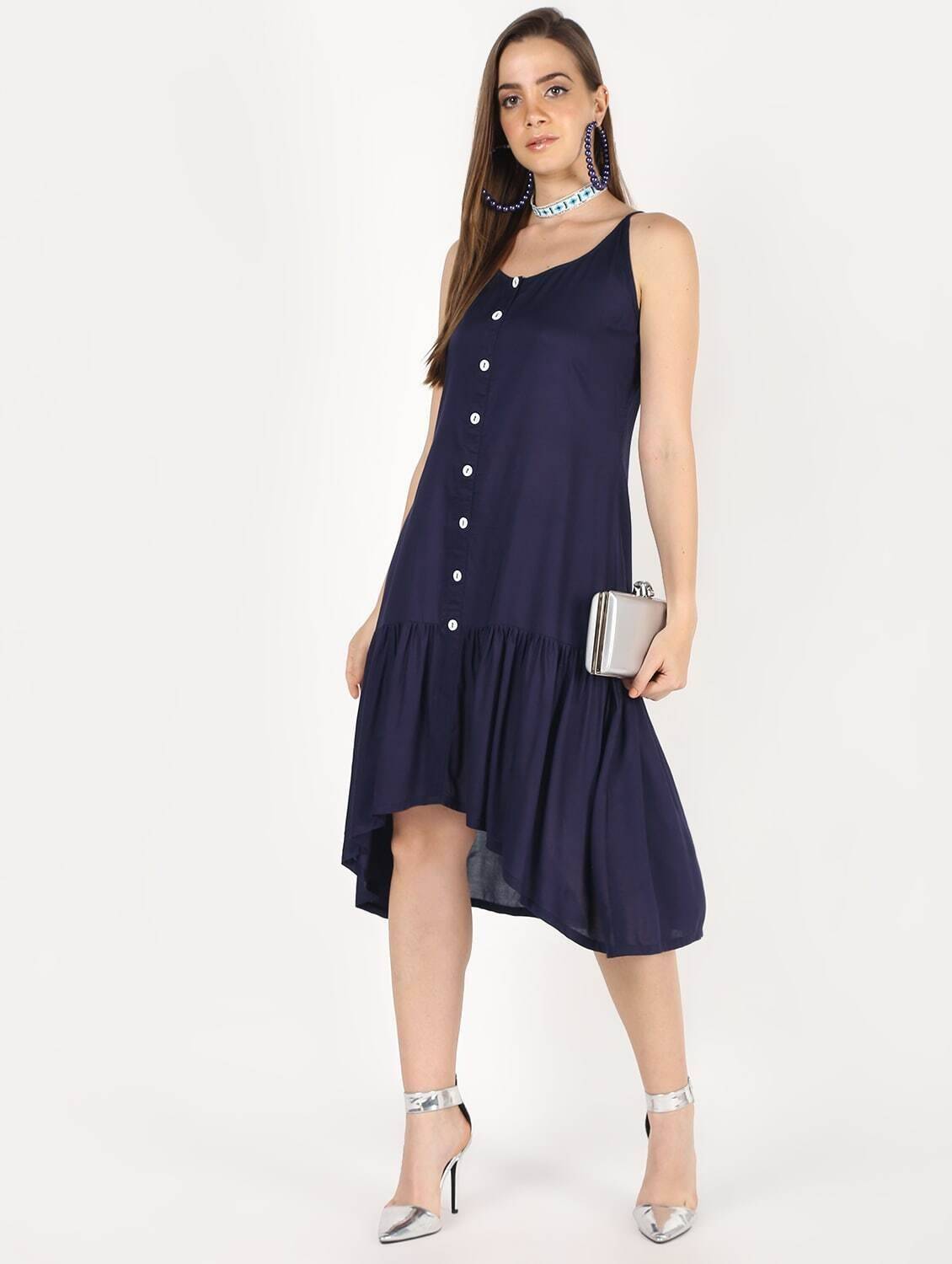 Women's Navy Blue High Low Front Buttoning Dress - Cheera