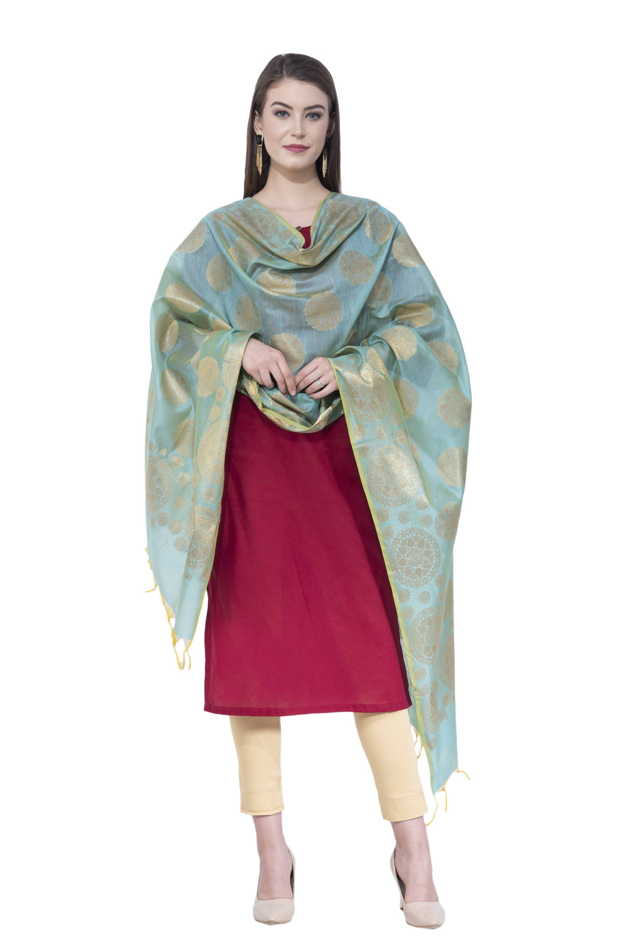 A R Silk Women's Zari Embroidery Chanderi Cotton Firozi Dupattas and Chunnis