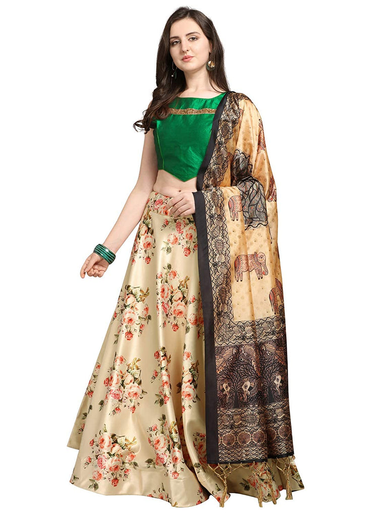 Women's Digital Print Shiney Satin Semistitched Lehenga Choli With Unstitched Blouse And Thred Work Dupatta