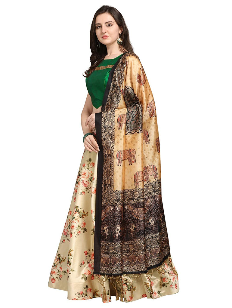 Women's Digital Print Shiney Satin Semistitched Lehenga Choli With Unstitched Blouse And Thred Work Dupatta