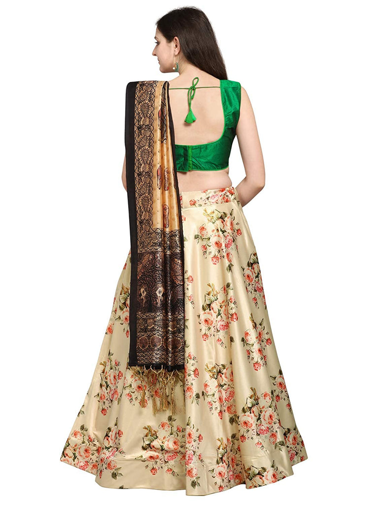 Women's Digital Print Shiney Satin Semistitched Lehenga Choli With Unstitched Blouse And Thred Work Dupatta