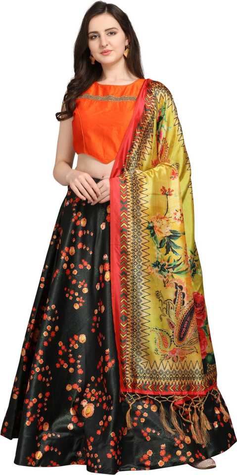 Women's Digital Print Shiney Satin Semistitched Lehenga Choli With Unstitched Blouse And Thred Work Dupatta