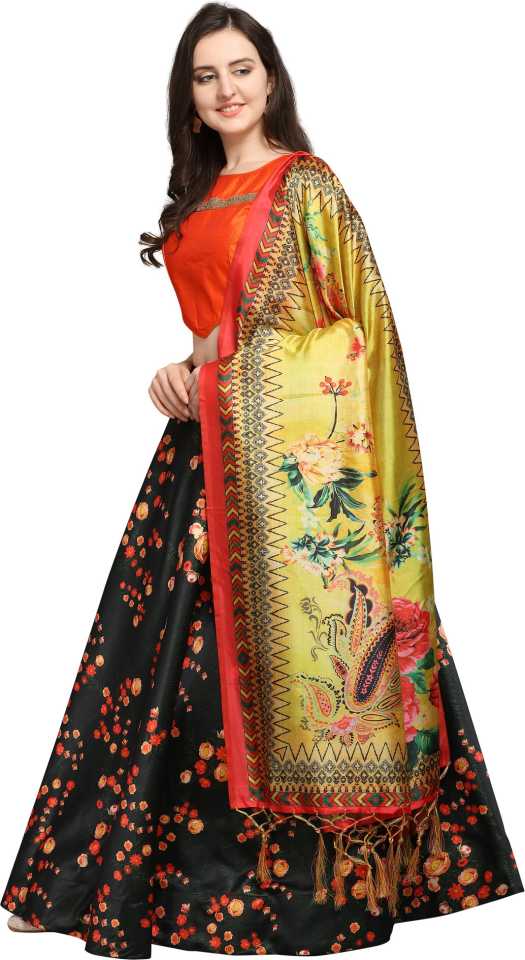 Women's Digital Print Shiney Satin Semistitched Lehenga Choli With Unstitched Blouse And Thred Work Dupatta