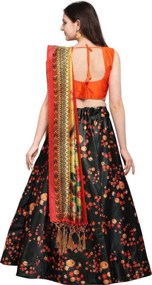 Women's Digital Print Shiney Satin Semistitched Lehenga Choli With Unstitched Blouse And Thred Work Dupatta