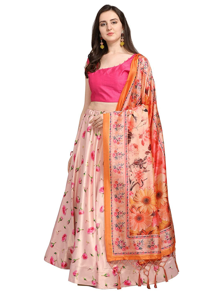 Women's Digital Print Shiney Satin Semistitched Lehenga Choli With Unstitched Blouse And Thred Work Dupatta