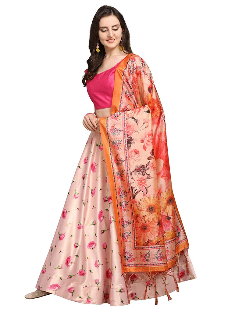 Women's Digital Print Shiney Satin Semistitched Lehenga Choli With Unstitched Blouse And Thred Work Dupatta