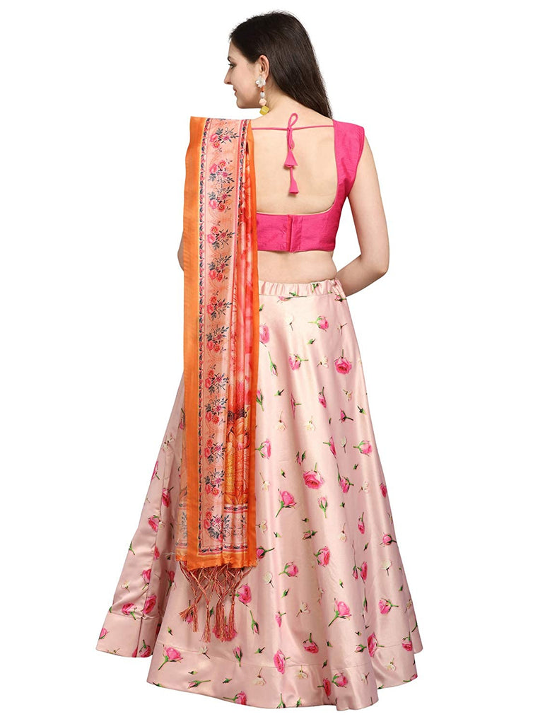 Women's Digital Print Shiney Satin Semistitched Lehenga Choli With Unstitched Blouse And Thred Work Dupatta