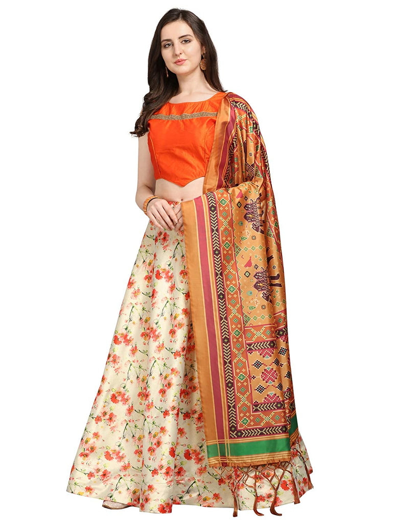 Women's Digital Print Shiney Satin Semistitched Lehenga Choli With Unstitched Blouse And Thred Work Dupatta