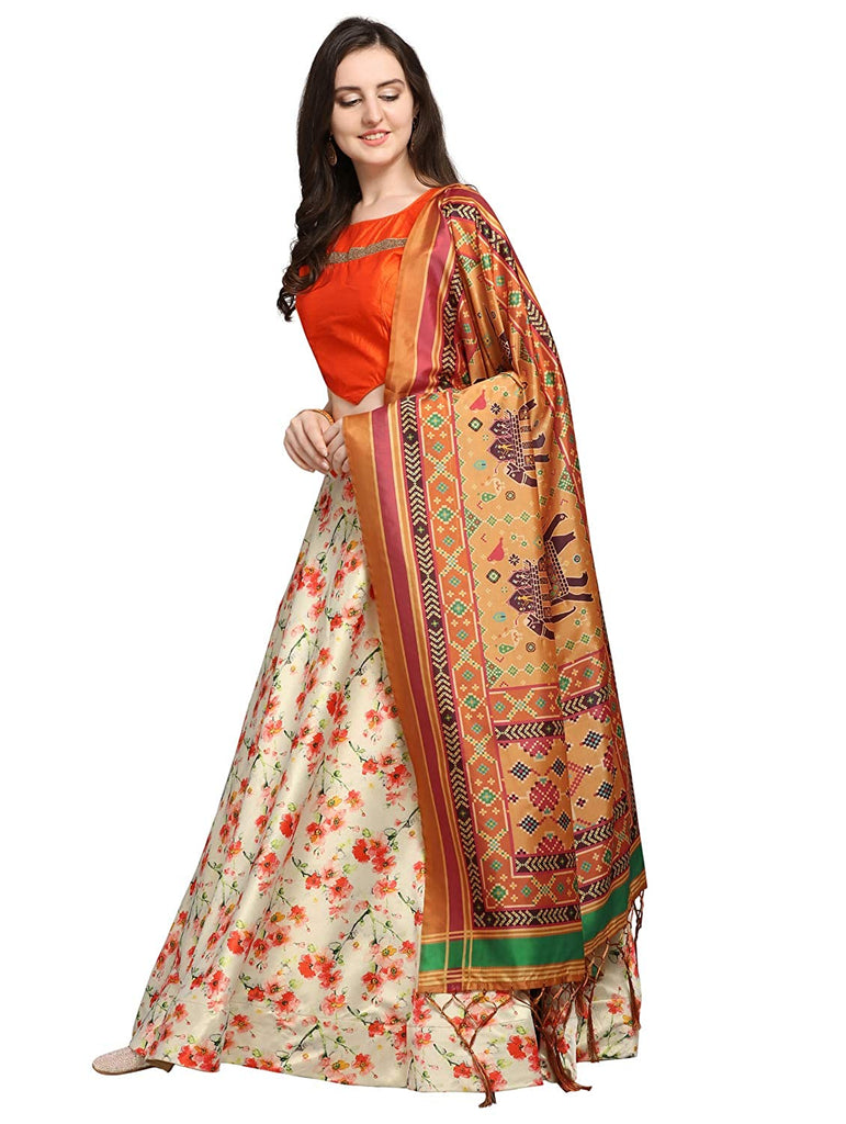 Women's Digital Print Shiney Satin Semistitched Lehenga Choli With Unstitched Blouse And Thred Work Dupatta