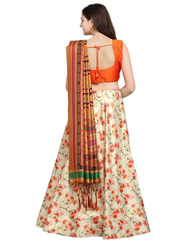 Women's Digital Print Shiney Satin Semistitched Lehenga Choli With Unstitched Blouse And Thred Work Dupatta