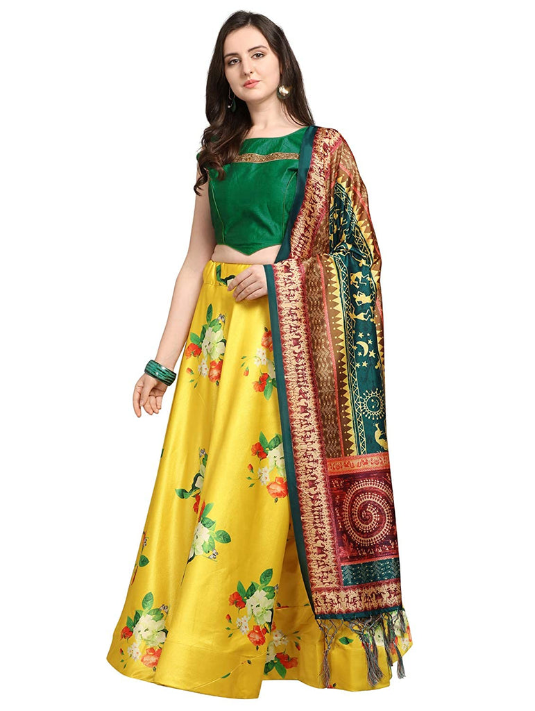 Women's Digital Print Shiney Satin Semistitched Lehenga Choli With Unstitched Blouse And Thred Work Dupatta