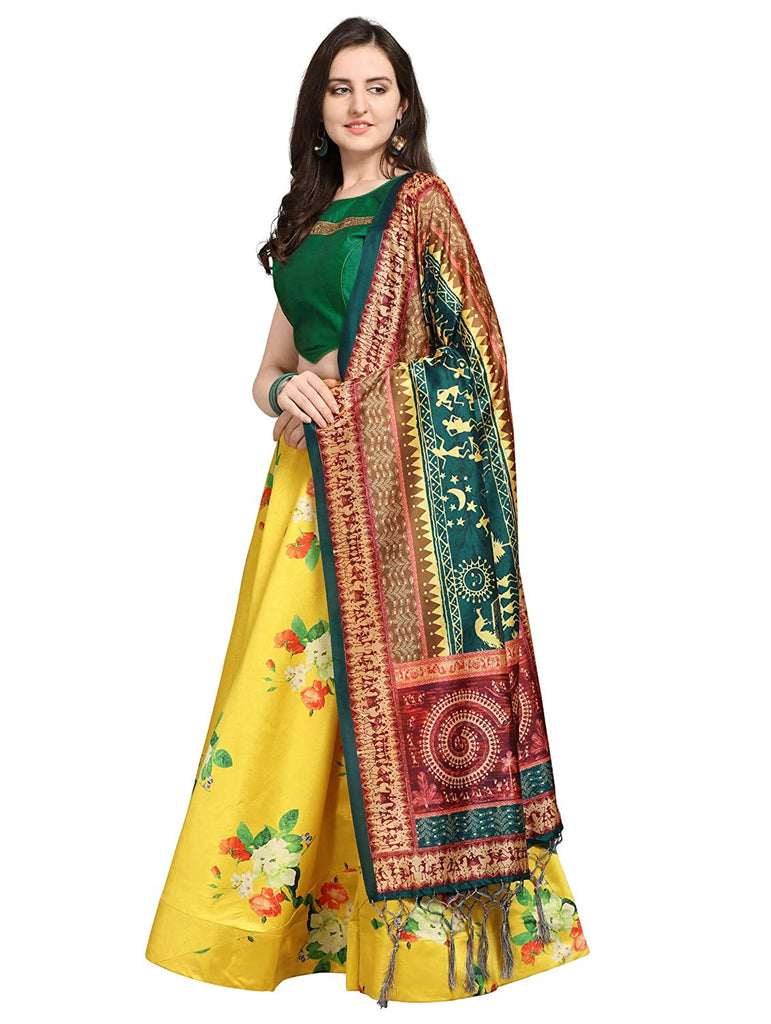 Women's Digital Print Shiney Satin Semistitched Lehenga Choli With Unstitched Blouse And Thred Work Dupatta