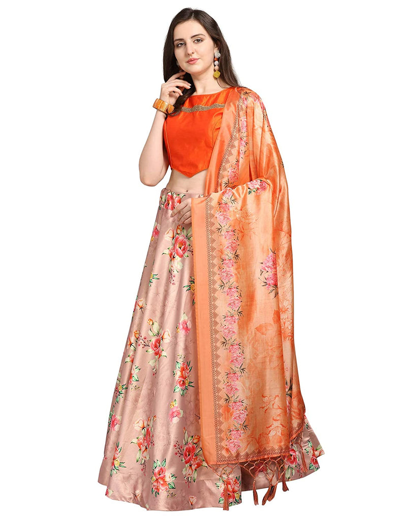Women's Digital Print Shiney Satin Semistitched Lehenga Choli With Unstitched Blouse And Thred Work Dupatta