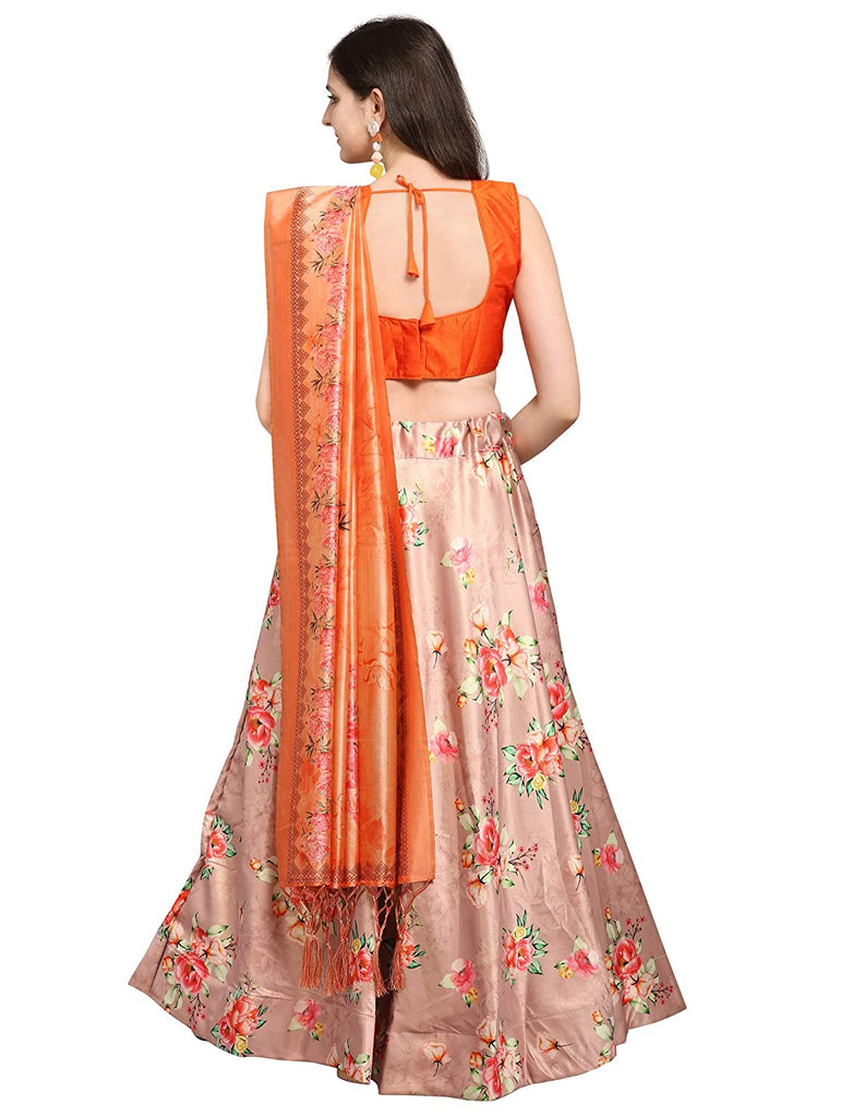 Women's Digital Print Shiney Satin Semistitched Lehenga Choli With Unstitched Blouse And Thred Work Dupatta
