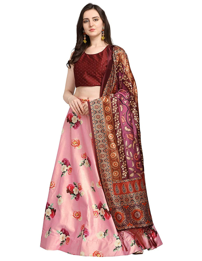 Women's Digital Print Shiney Satin Semistitched Lehenga Choli With Unstitched Blouse And Thred Work Dupatta