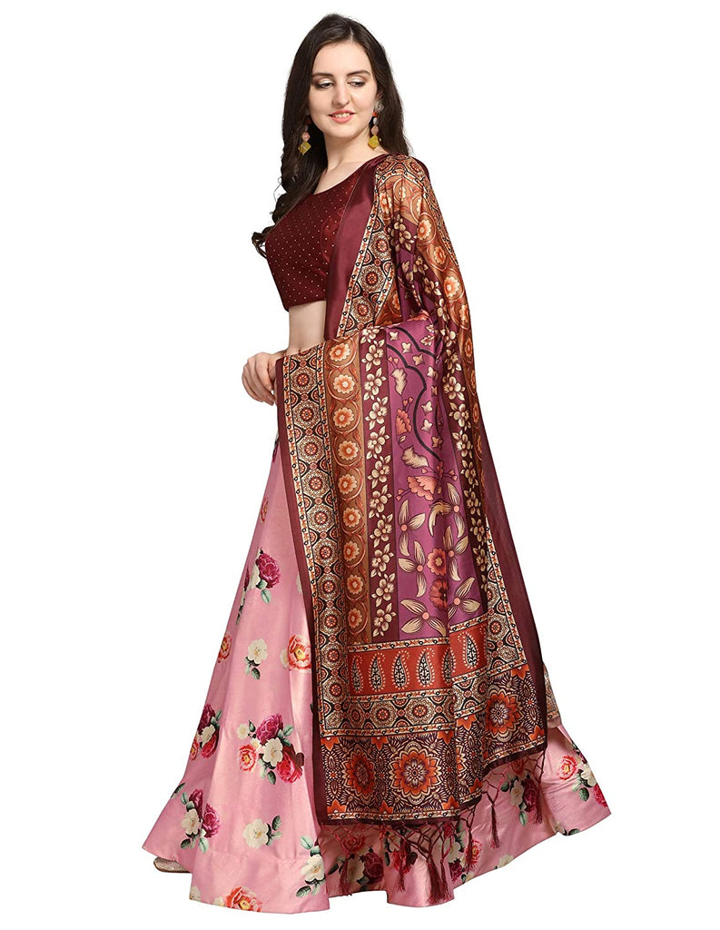 Women's Digital Print Shiney Satin Semistitched Lehenga Choli With Unstitched Blouse And Thred Work Dupatta