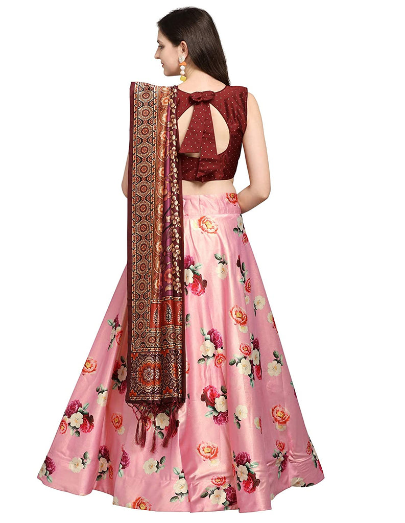 Women's Digital Print Shiney Satin Semistitched Lehenga Choli With Unstitched Blouse And Thred Work Dupatta