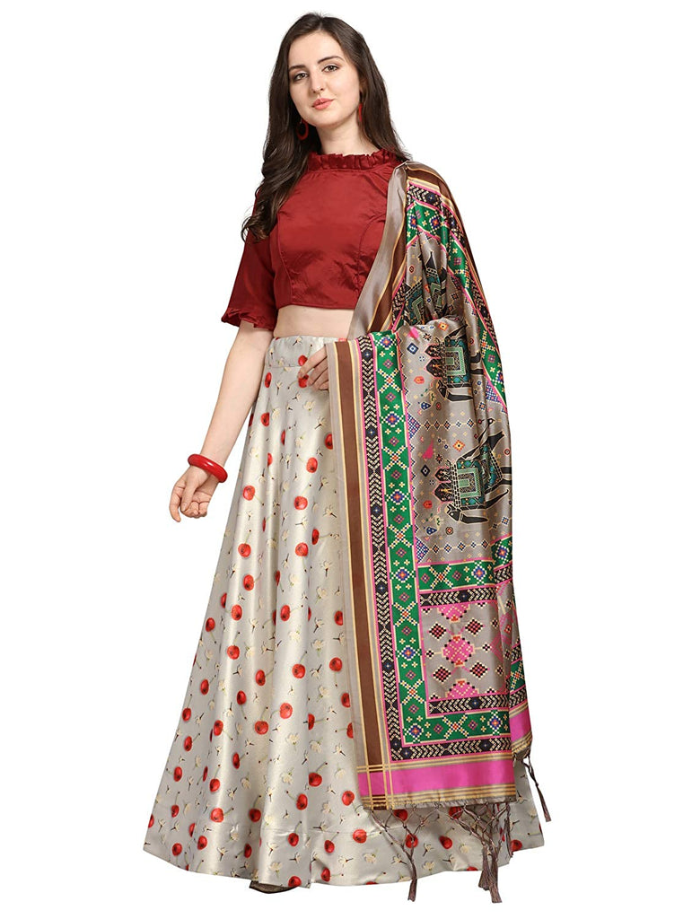 Women's Digital Print Shiney Satin Semistitched Lehenga Choli With Unstitched Blouse And Thred Work Dupatta