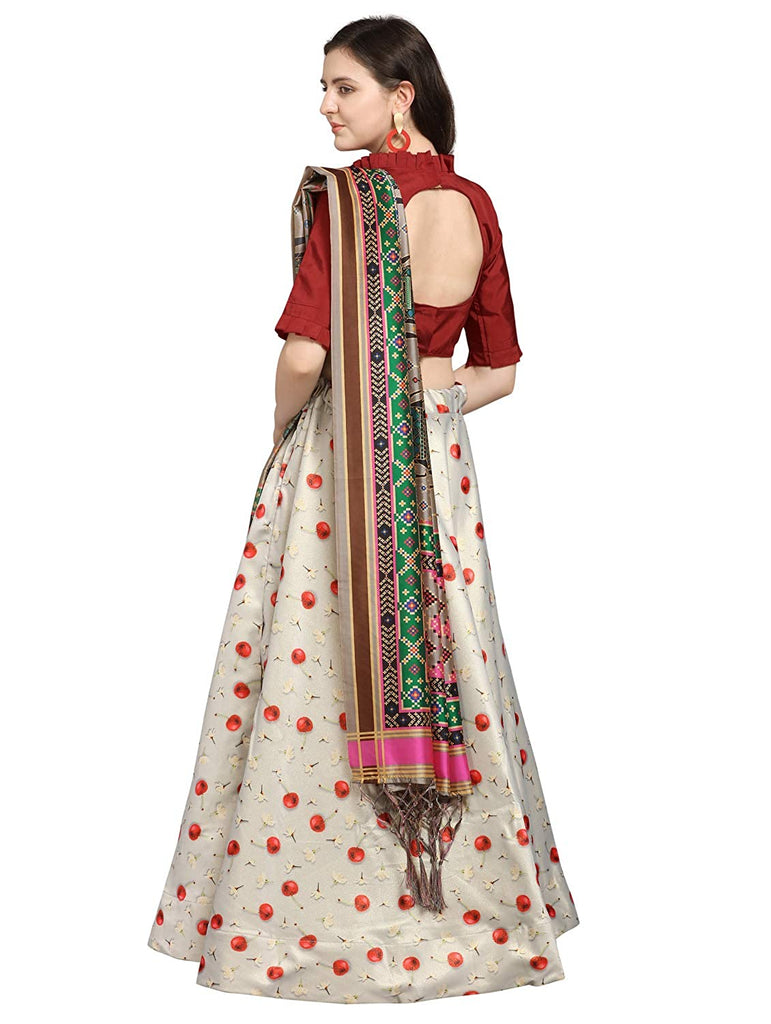 Women's Digital Print Shiney Satin Semistitched Lehenga Choli With Unstitched Blouse And Thred Work Dupatta