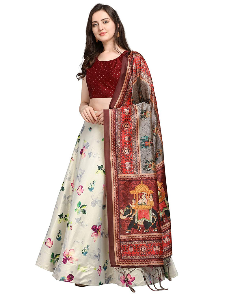 Women's Digital Print Shiney Satin Semistitched Lehenga Choli With Unstitched Blouse And Thred Work Dupatta
