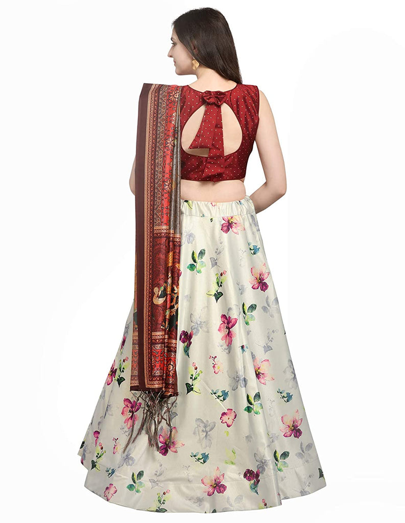 Women's Digital Print Shiney Satin Semistitched Lehenga Choli With Unstitched Blouse And Thred Work Dupatta