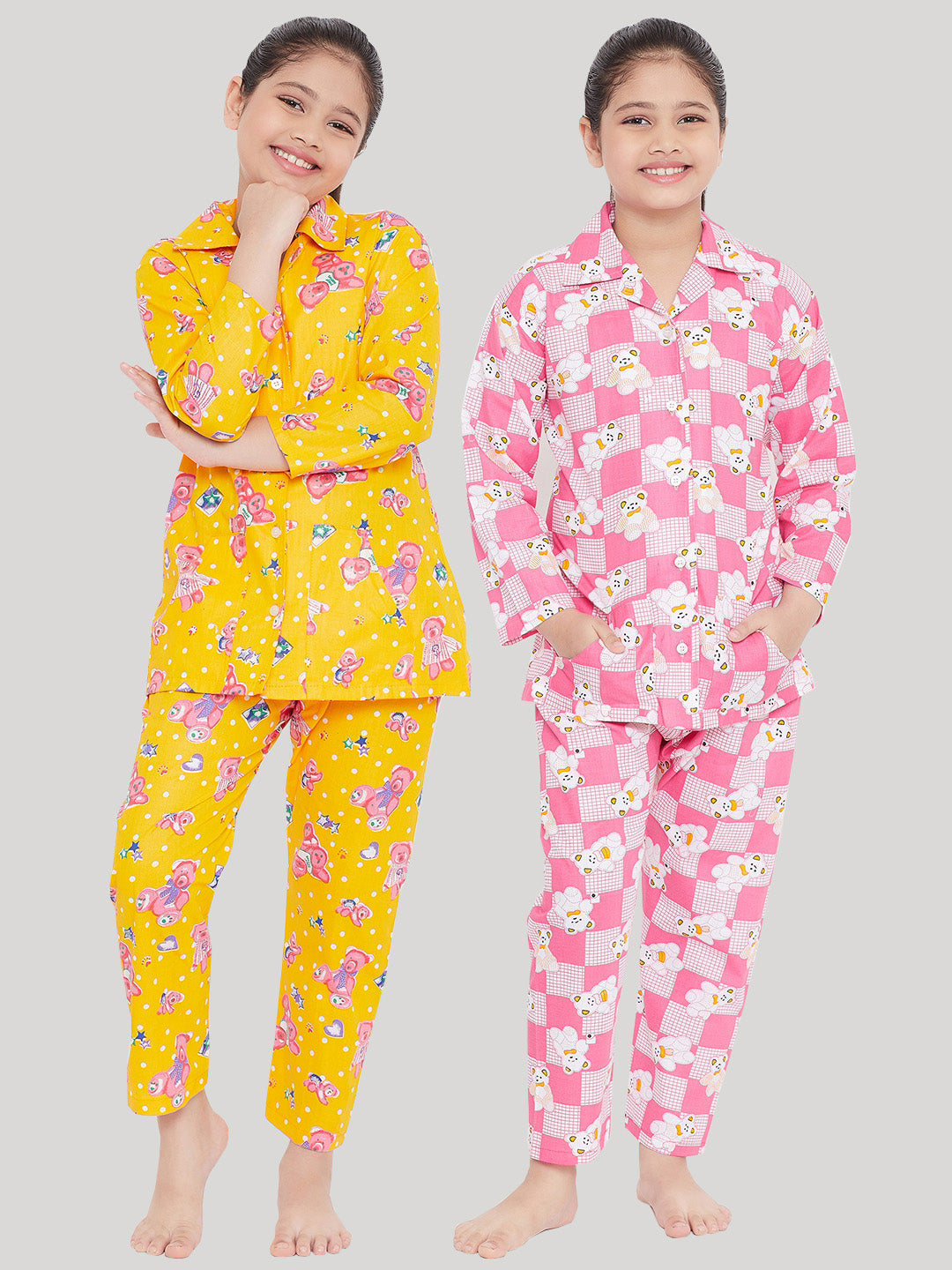 Girl's Mustard & Pink Printed Rayon Nightsuit (Pack of 2) - NOZ2TOZ KIDS