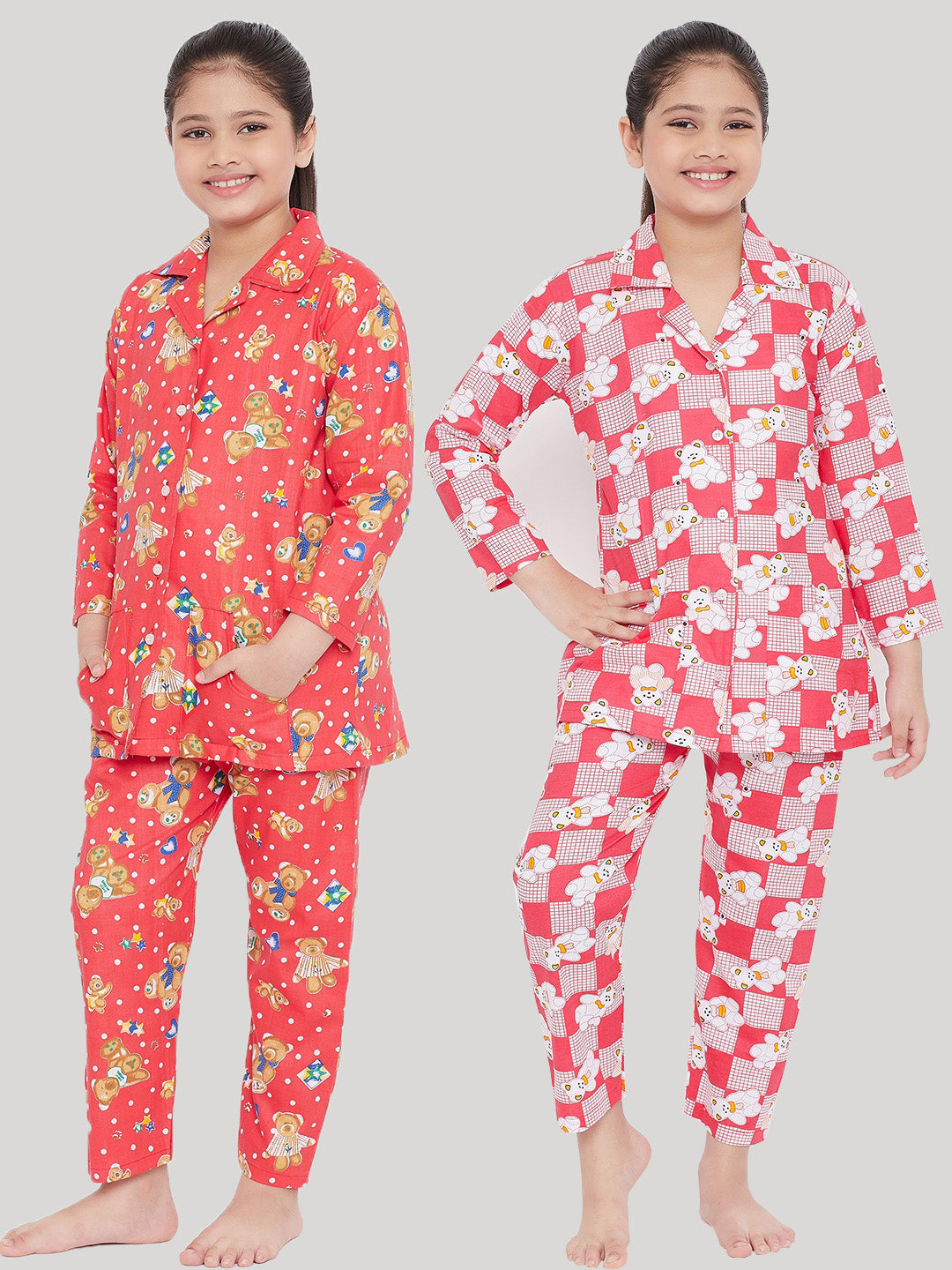 Girl's Peach & Red Printed Rayon Nightsuit (Pack of 2) - NOZ2TOZ KIDS