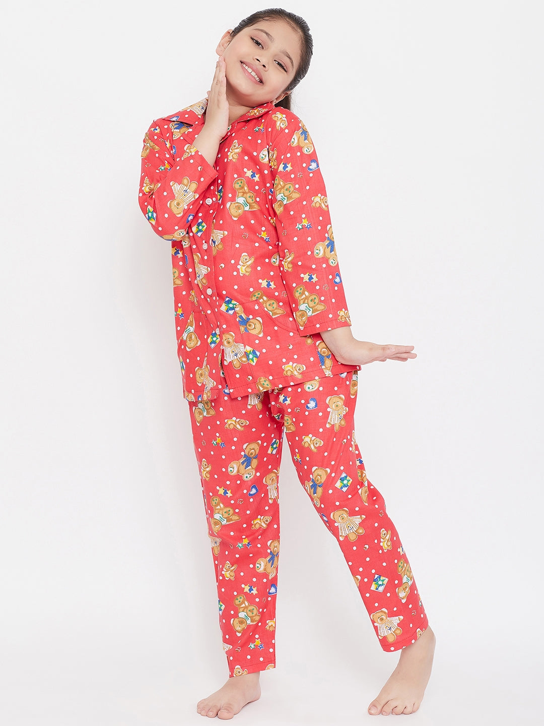 Girl's Peach & Red Printed Rayon Nightsuit (Pack of 2) - NOZ2TOZ KIDS
