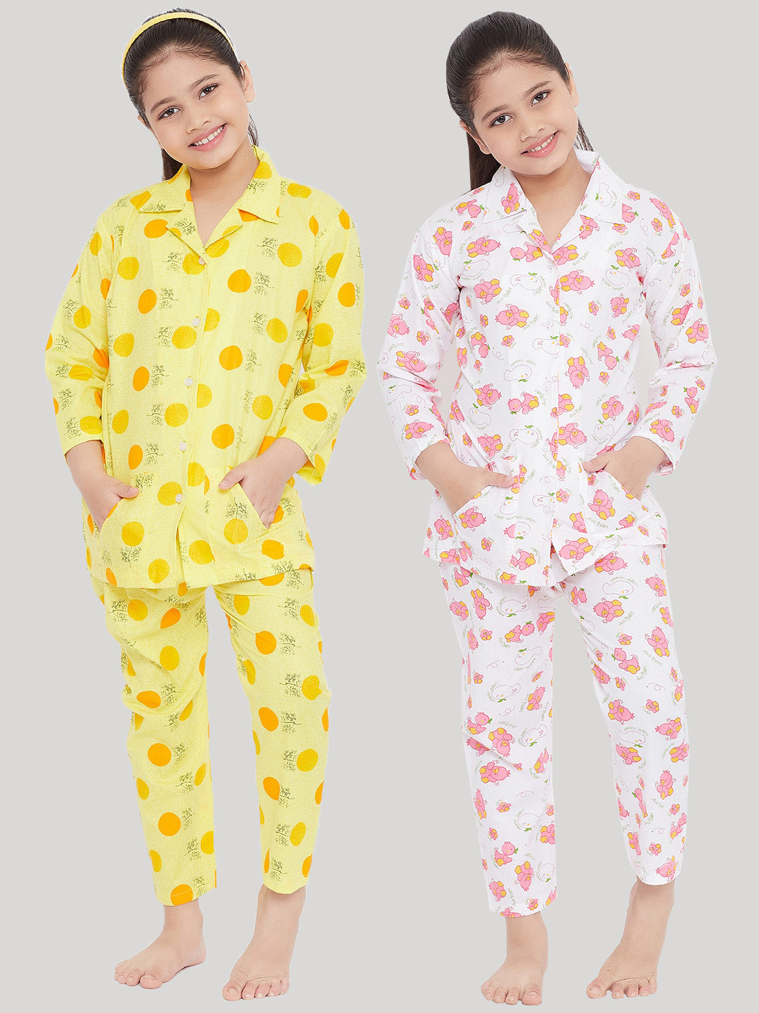 Girl's Yellow & White Printed Rayon Nightsuit (Pack of 2) - NOZ2TOZ KIDS