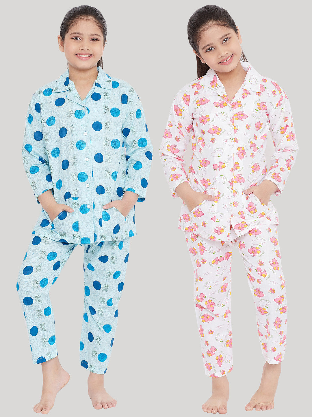 Girl's Blue & White Printed Rayon Nightsuit (Pack of 2) - NOZ2TOZ KIDS