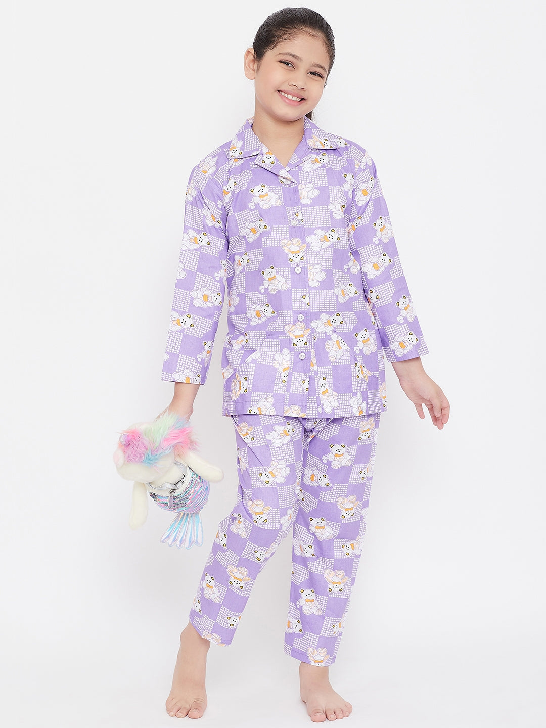 Girl's Purple & White Printed Rayon Nightsuit (Pack of 2) - NOZ2TOZ KIDS