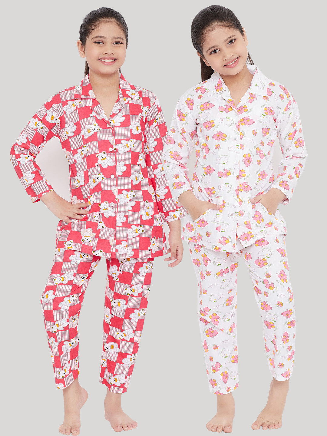 Girl's Red & White Printed Rayon Nightsuit (Pack of 2) - NOZ2TOZ KIDS