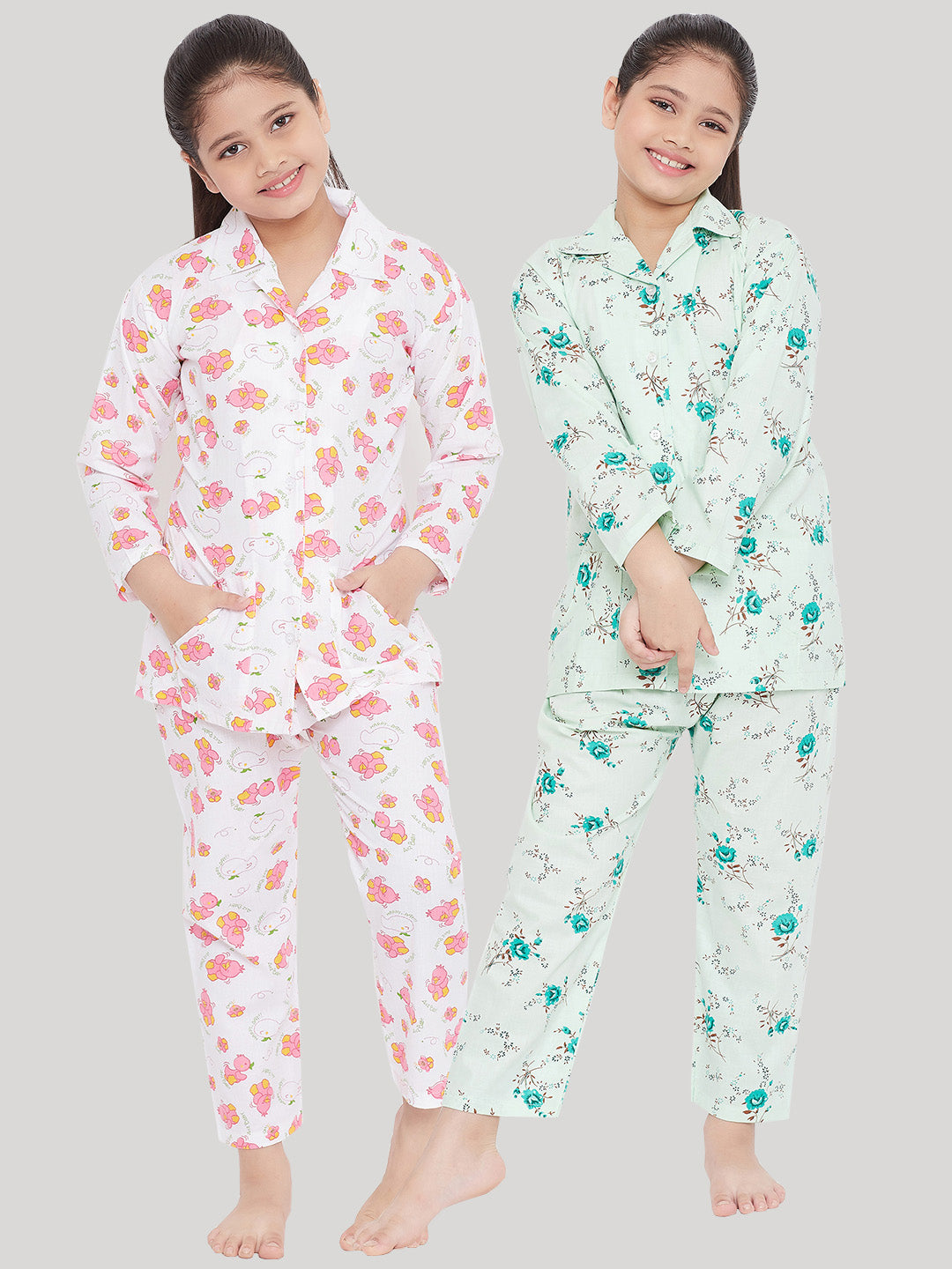 Girl's White & Green Printed Rayon Nightsuit (Pack of 2) - NOZ2TOZ KIDS