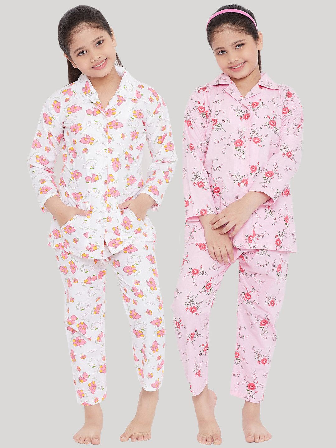 Girl's White & Pink Printed Rayon Nightsuit (Pack of 2) - NOZ2TOZ KIDS
